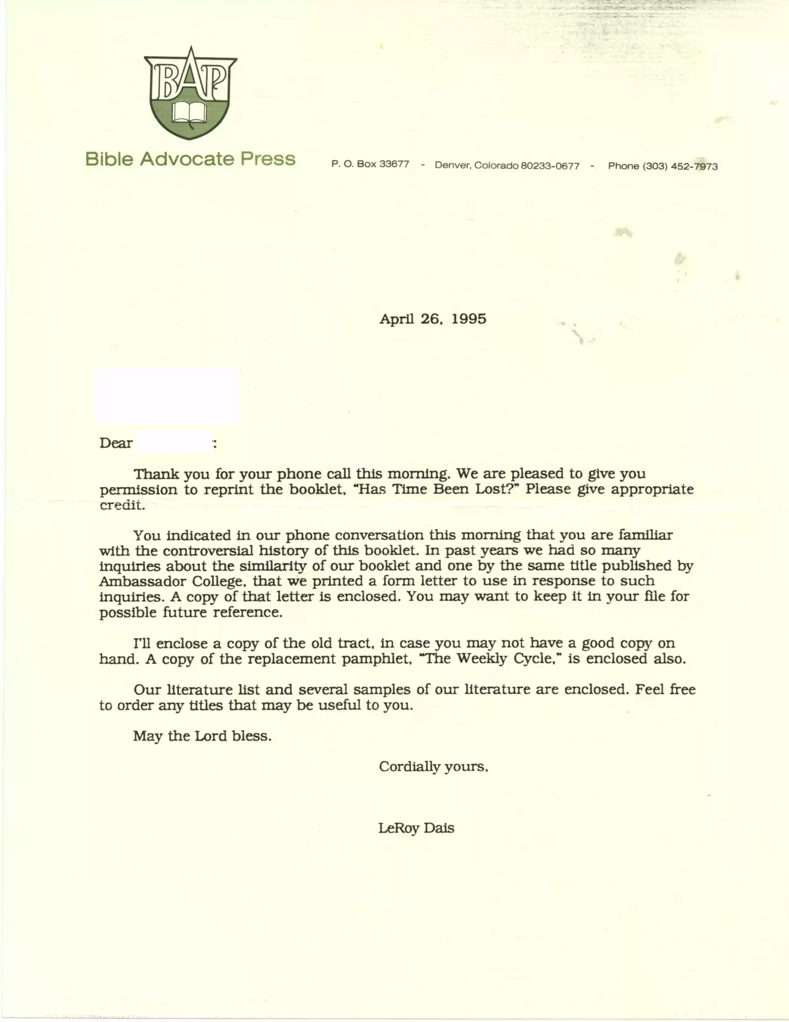 Leroy Dais has time been lost permission 4-26-95